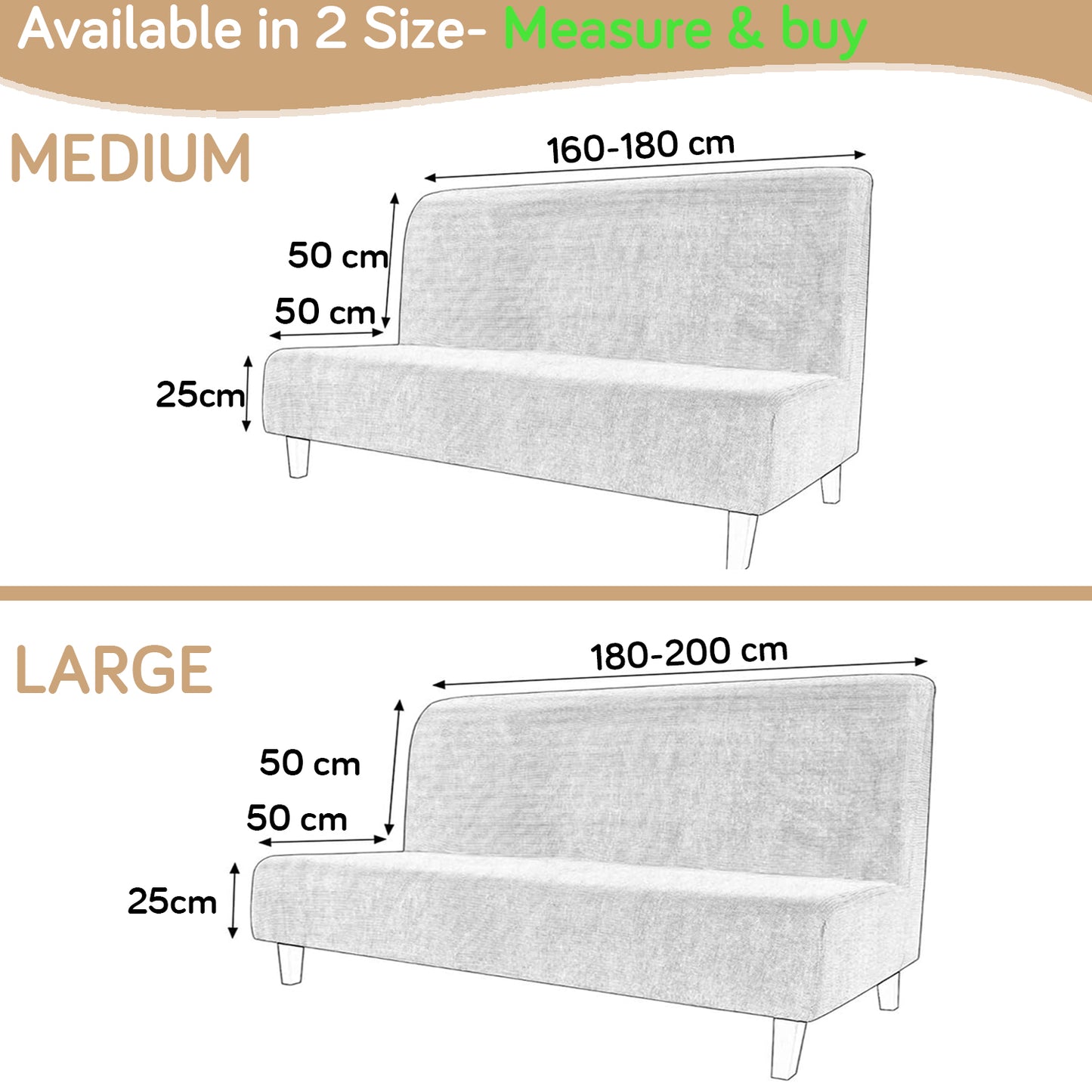 SereneSolids Stretchable Elastic Armless Sofa Cover – 140 GSM, Futon Slipcover, Easy Fit, Camel