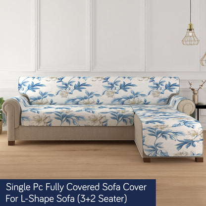 HomeHues Series Quilted Sofa Cover with Secure Fit Belt for L Shape sofa, Celadon Blue Camellia