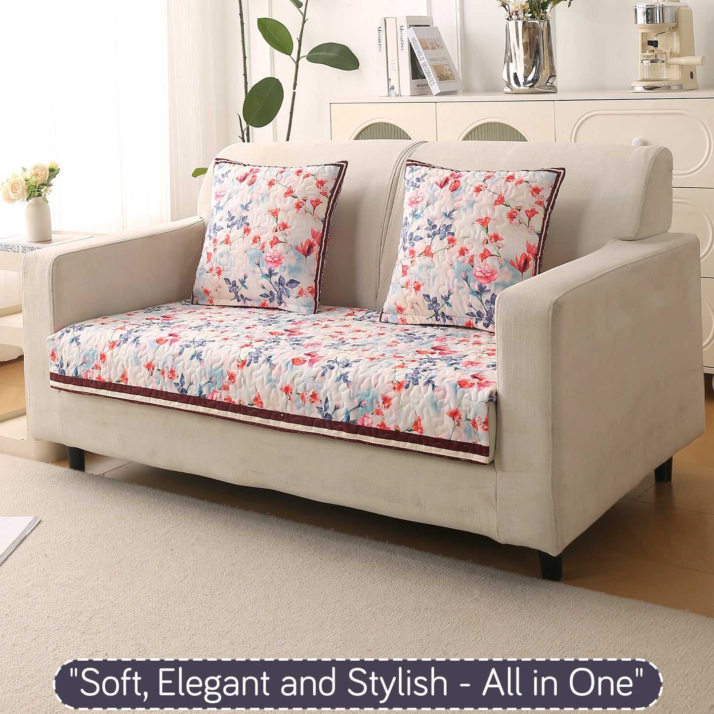 Florentina Series Printed Holland Velvet Sofa Mat - Scarlet Rose Ivory