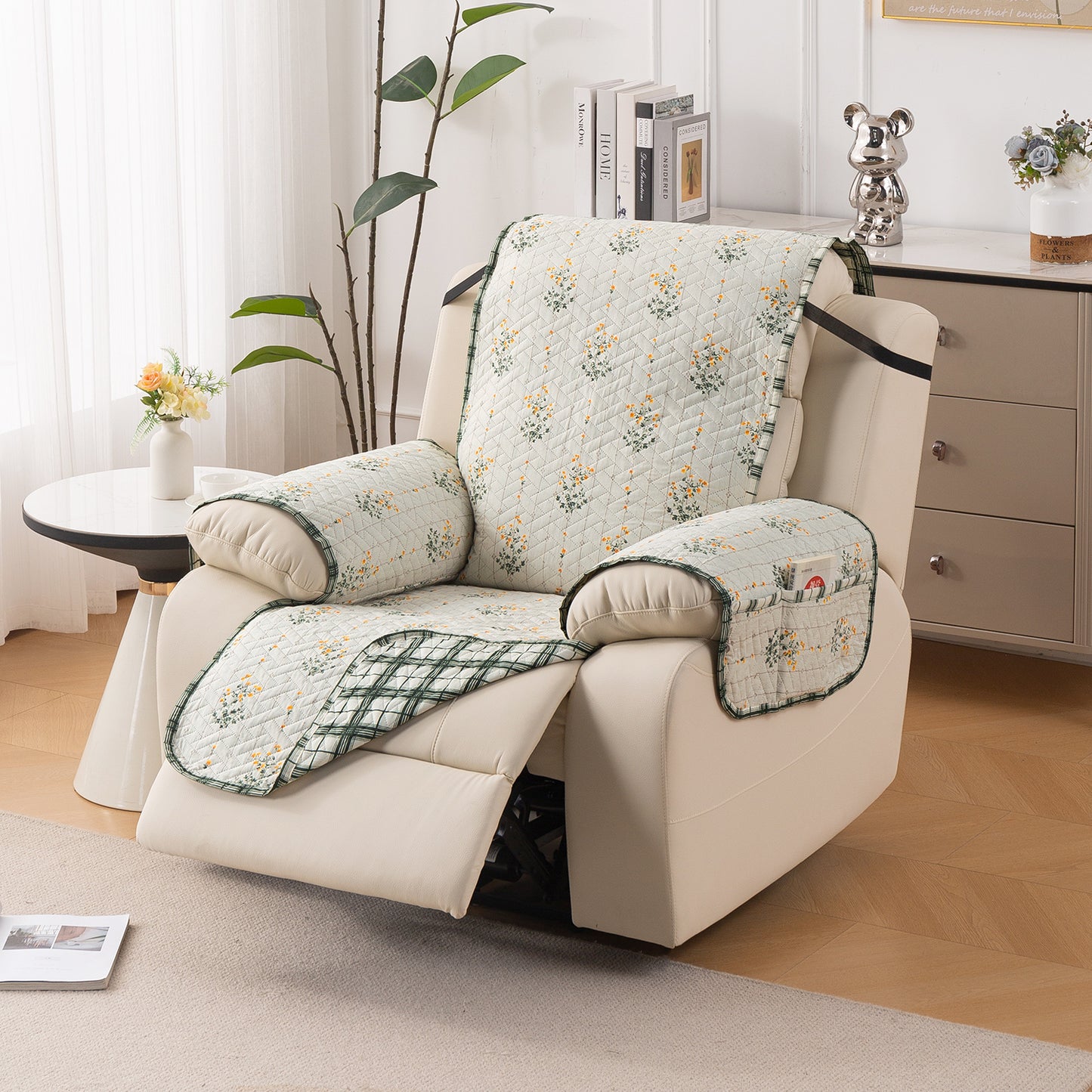 Quilted Cover for Recliner Sofa with SecureFit Belt & Side Pocket, Light Green Ash Gypsy Flower