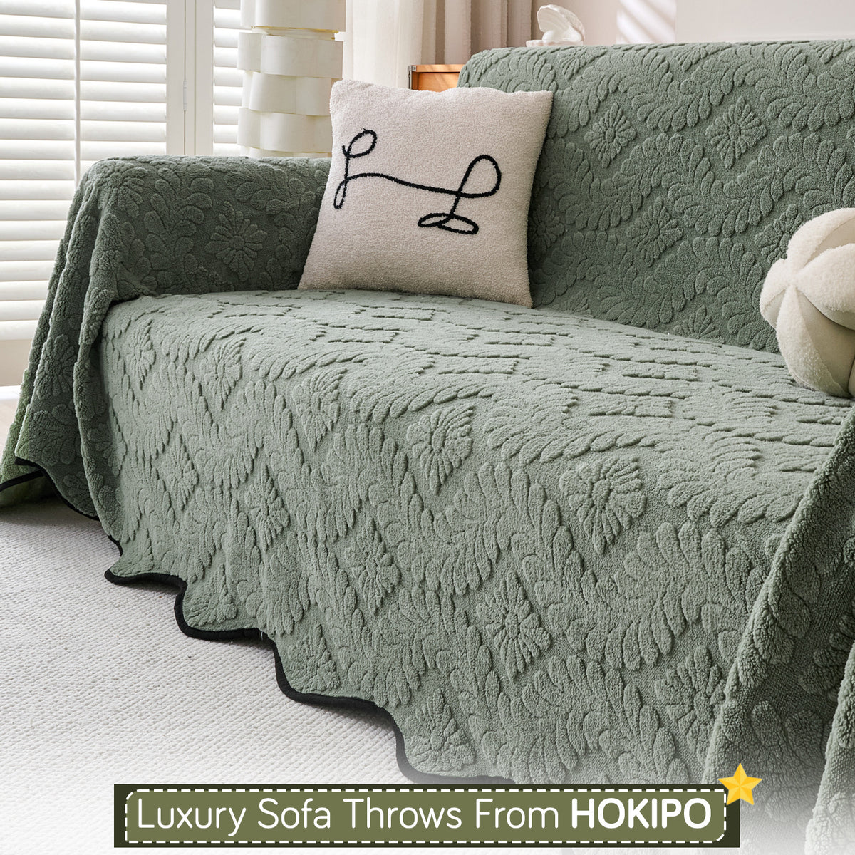 Buy Sage Green Colour Wavy Petal Crest Series Plush Sofa Throw | HOKIPO