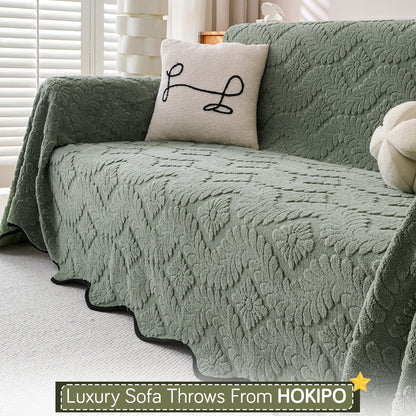 Buy Sage Green Colour Wavy Petal Crest Series Plush Sofa Throw | HOKIPO