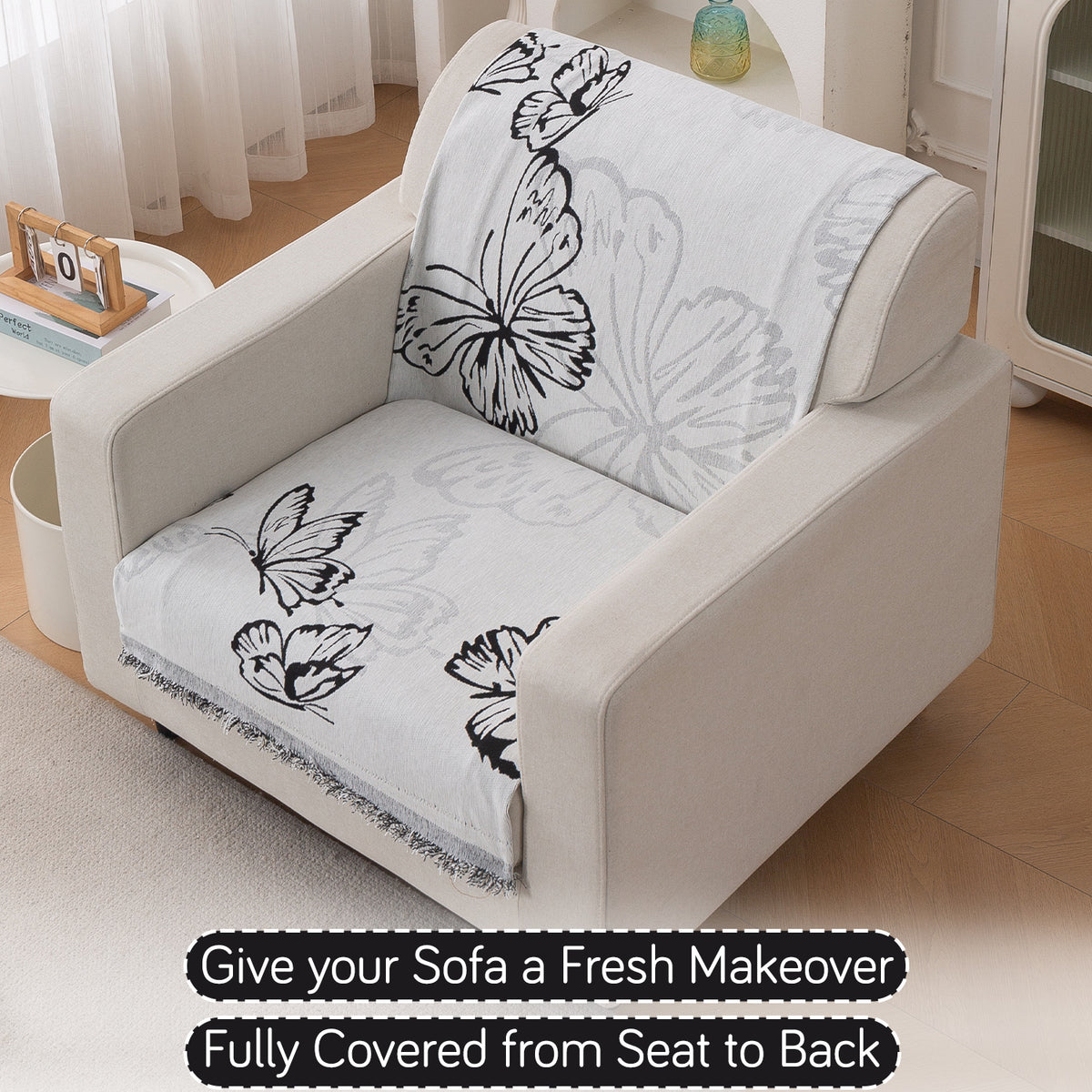 Premium 320 GSM Chenille Sofa Cover 'Serene Abode Series', Monochrome Butterfly