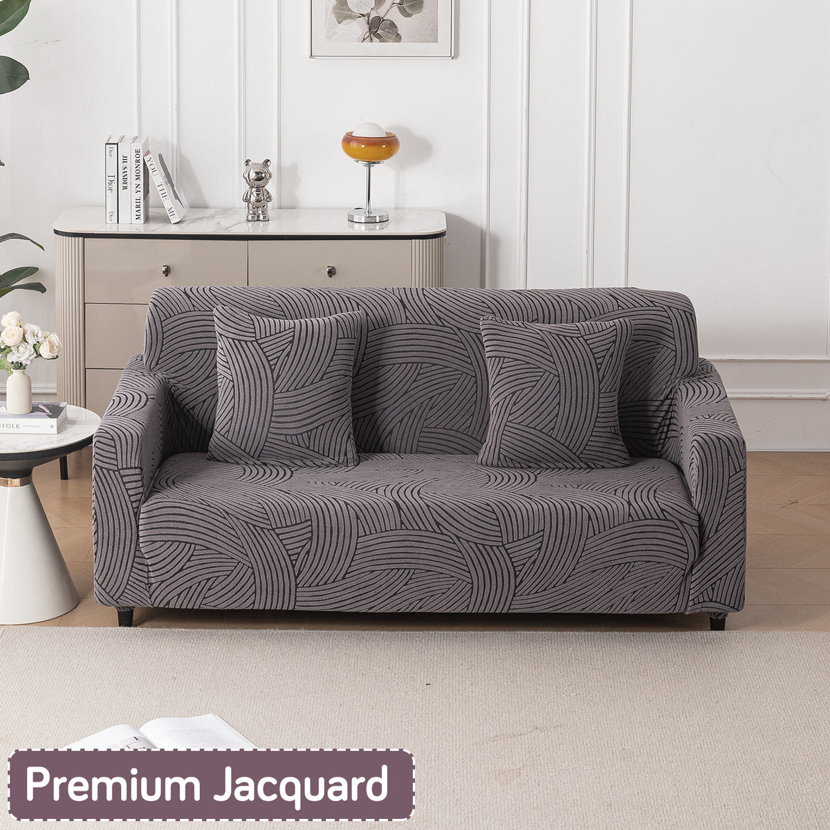 Buy charcoal grey colour waveline series jacquard stretchable 3 seater sofa cover​