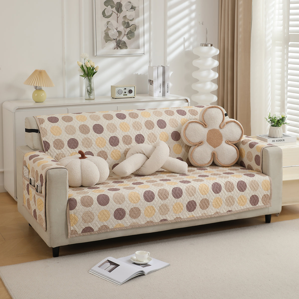Brown Polka Dot Printed quilted elegant 3 seater sofa cover