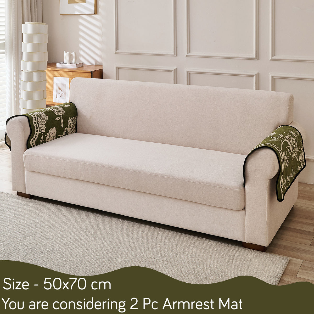 Chenille Sofa Cover Mat with Curvy Edges, 'Retro Curves Series' Sofa Mat, Olive Green