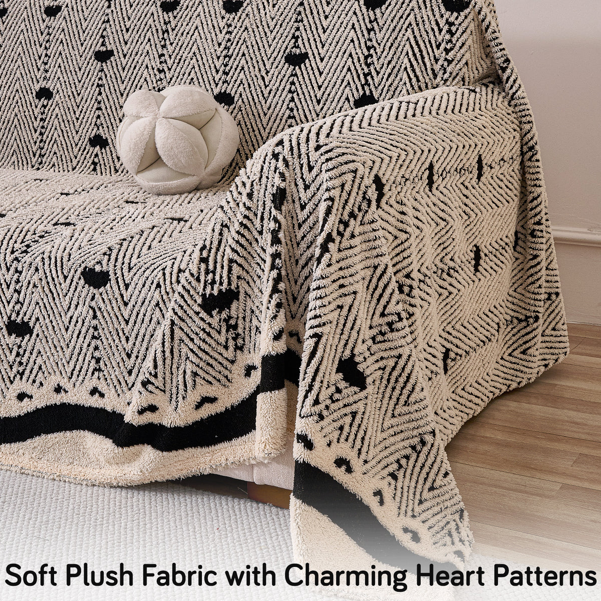 Buy Jade Black Cream Colour Cozy Heart Series Luxury Fleece Sofa Throw – 3 Seater Sofas | HOKIPO