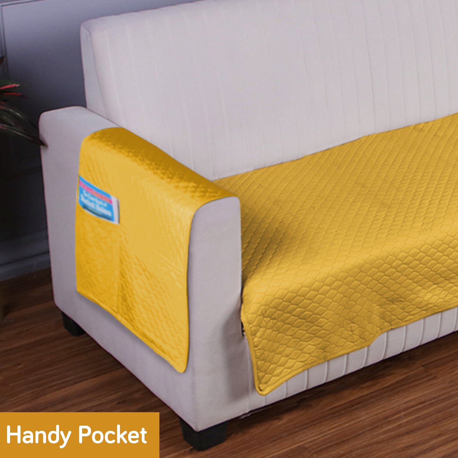 Quilted Sofa Cover Mat with 2 Armrest Covers Pockets, Yellow