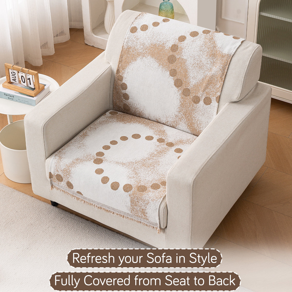 Premium 320 GSM Chenille Sofa Cover 'Serene Abode Series', Latte Dotted Wave