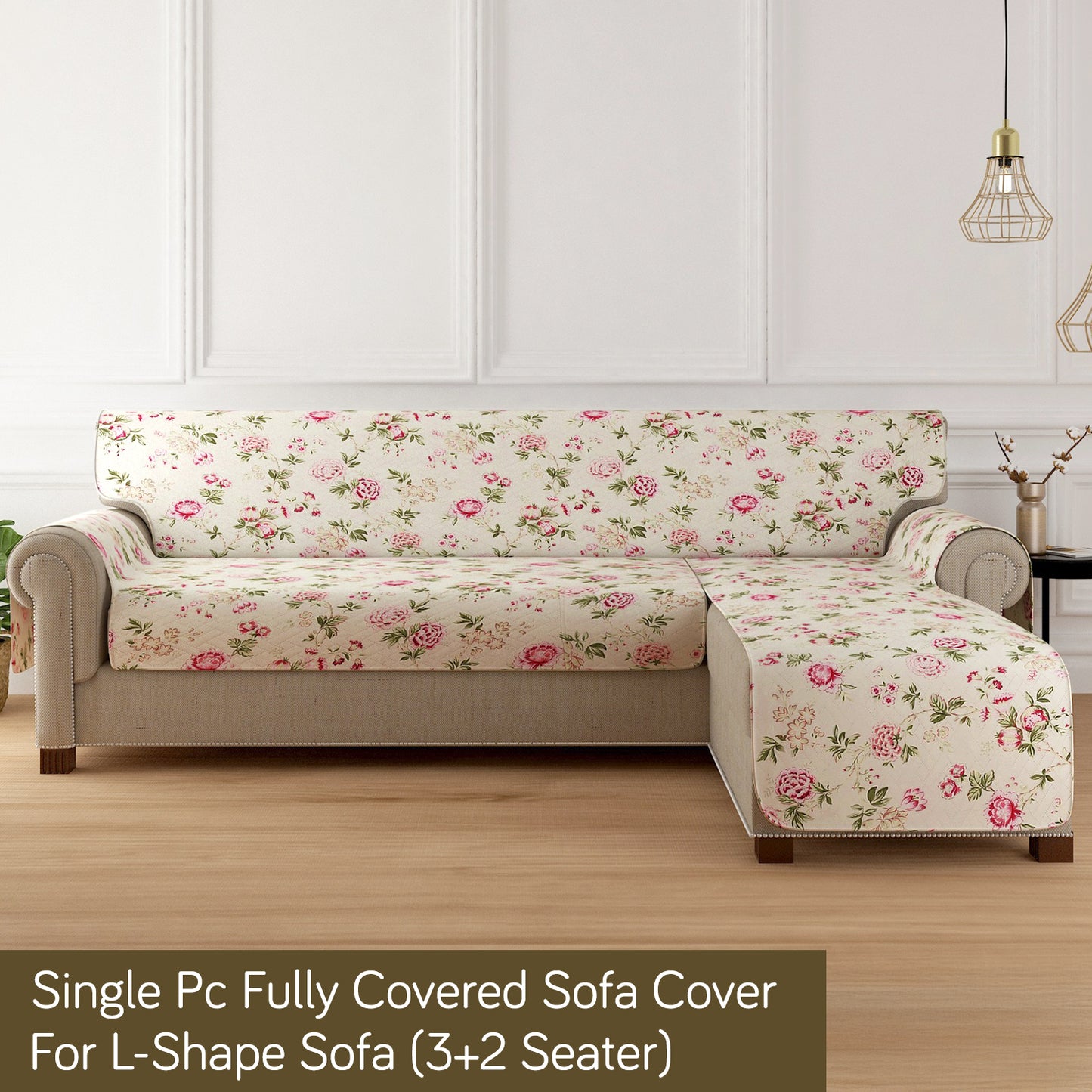 HomeHues Series Quilted Sofa Cover with Secure Fit Belt for L Shape sofa, Beige Peonies