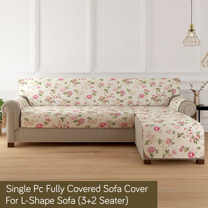 HomeHues Series Quilted Sofa Cover with Secure Fit Belt for L Shape sofa, Beige Peonies