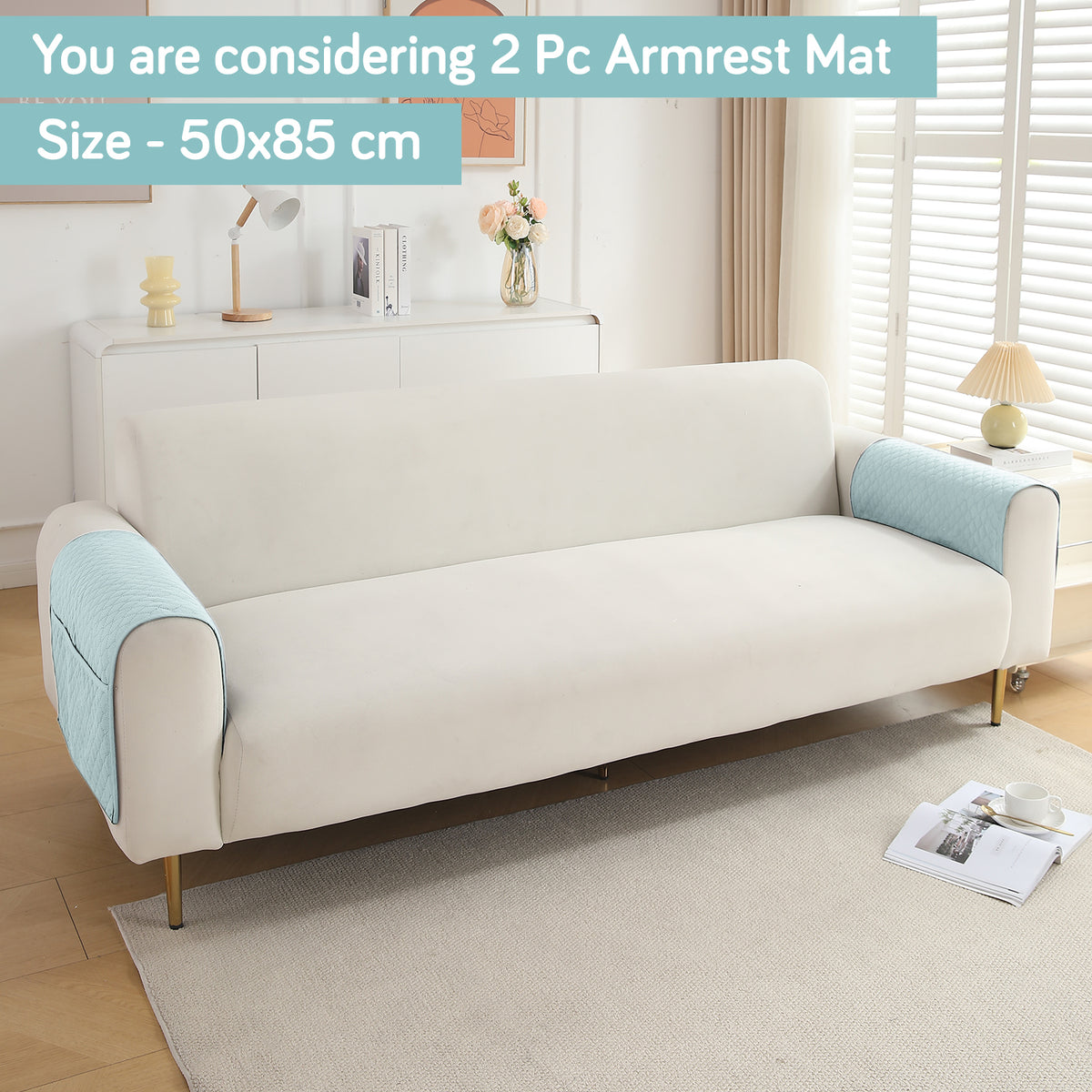2 Pcs Quilted Sofa Armrest Cover, Light Sky Blue
