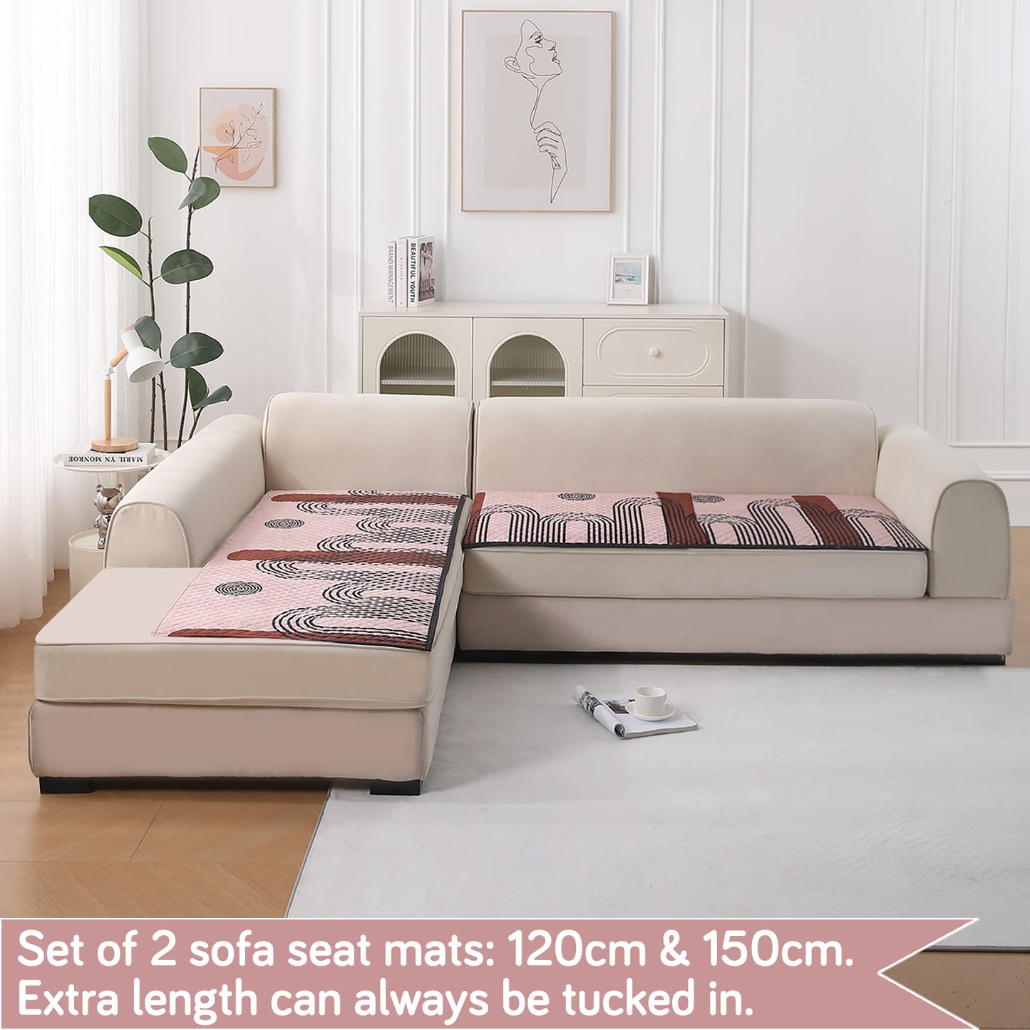 LiefNest Printed Holland Velvet L Shape Sofa Seat Mat with Foam Filling - Modern Archscape Mauve Blush