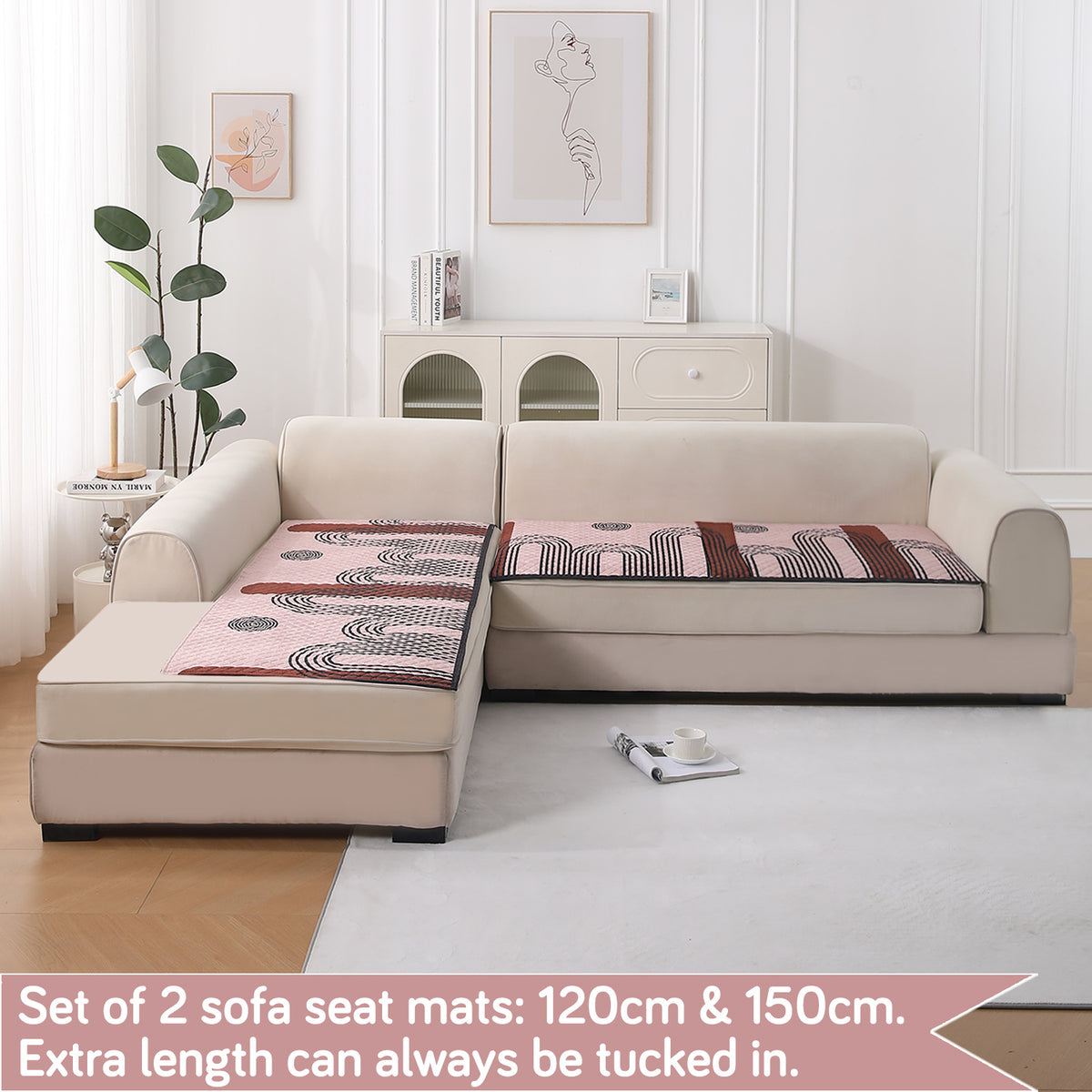 LiefNest Printed Holland Velvet L Shape Sofa Seat Mat with Foam Filling - Modern Archscape Mauve Blush