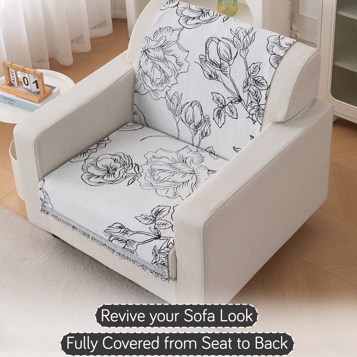 Premium 320 GSM Chenille Sofa Cover 'Serene Abode Series', White Rose Garden