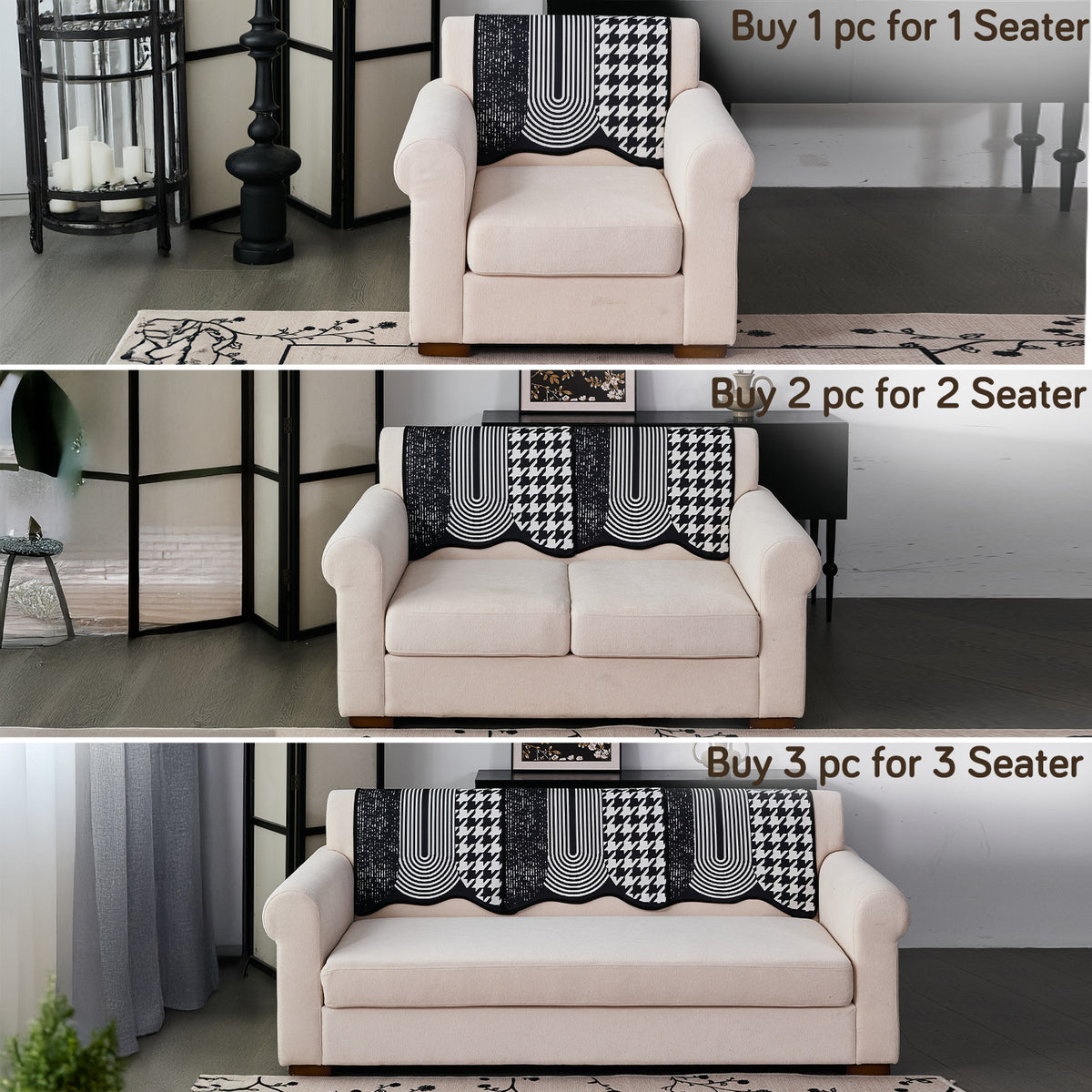 Arcea Chenille With Curved Edges Sofa Cover Mat, White Houndstooth