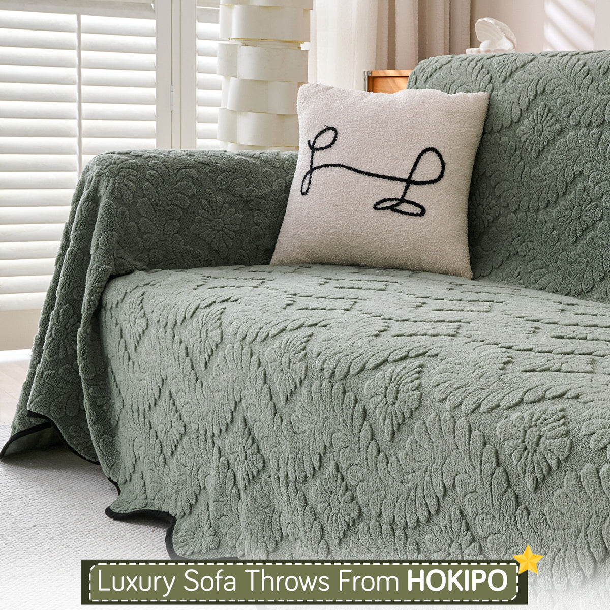 Buy Sage Green Colour Wavy Petal Crest Series Plush Sofa Throw | HOKIPO
