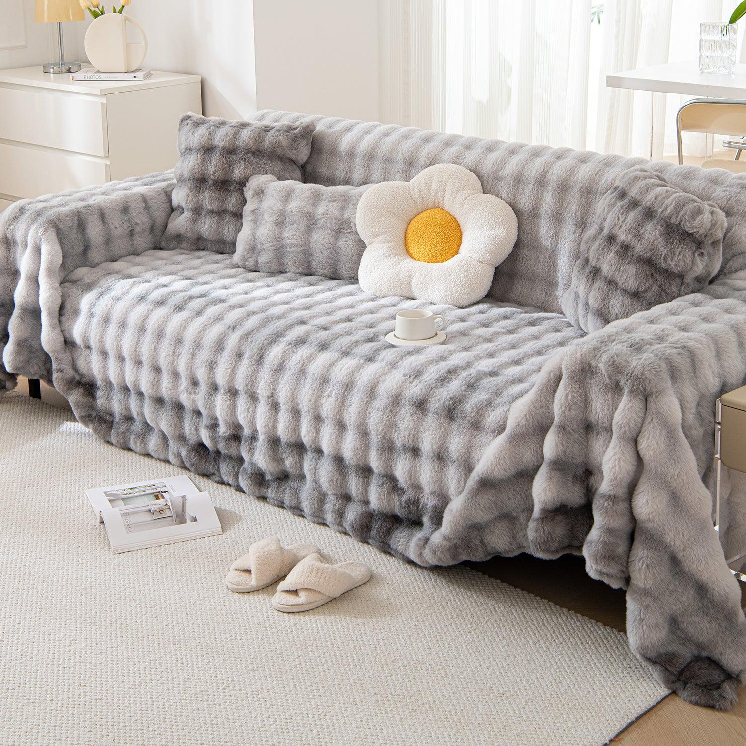 Luxury Gradient Faux Rabbit Wool Sofa Throw Fluffy Sofa Cover Grey One Seater