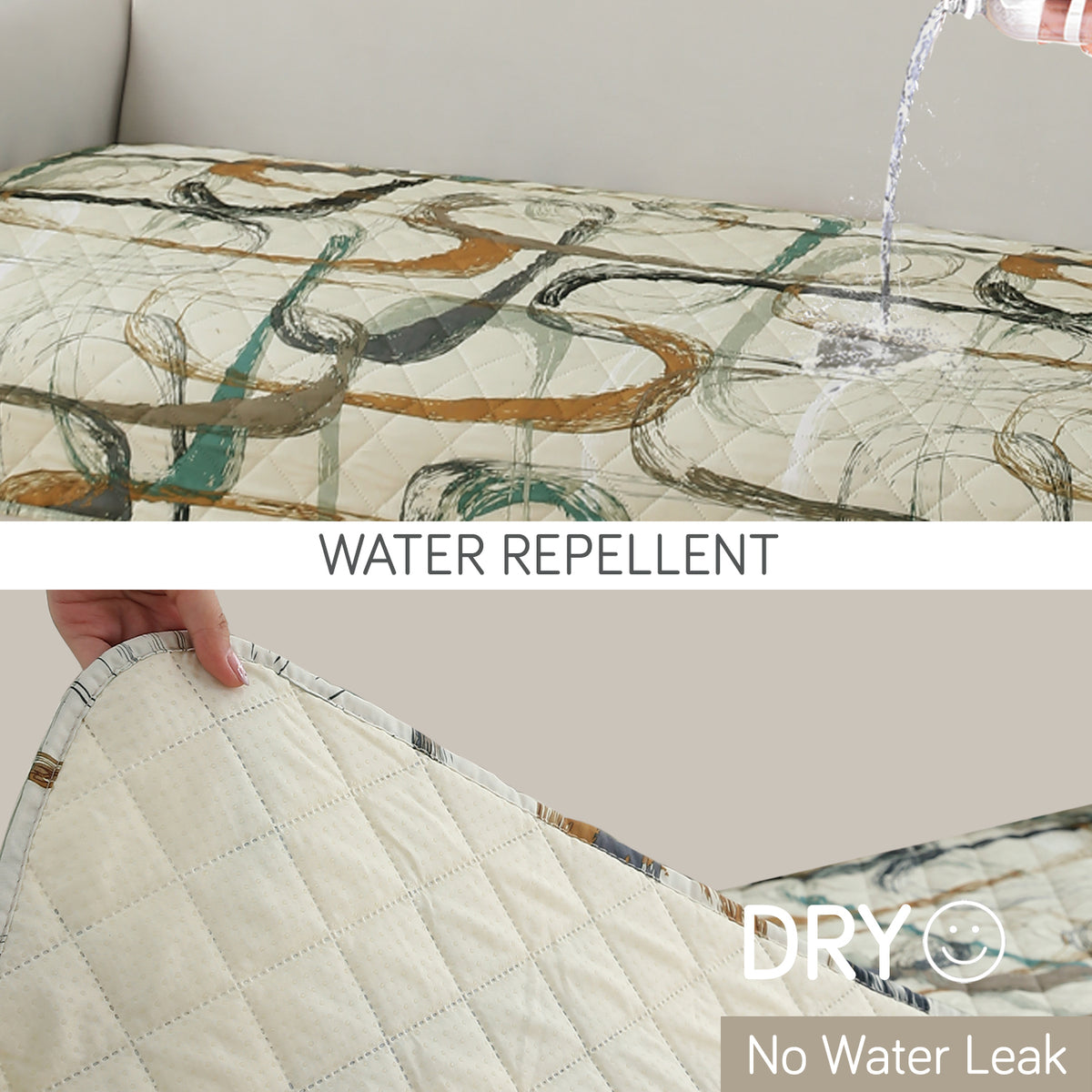 Water Repellent + Waterproof Quilted Sofa Mats, Parchement Beige Abstract Art