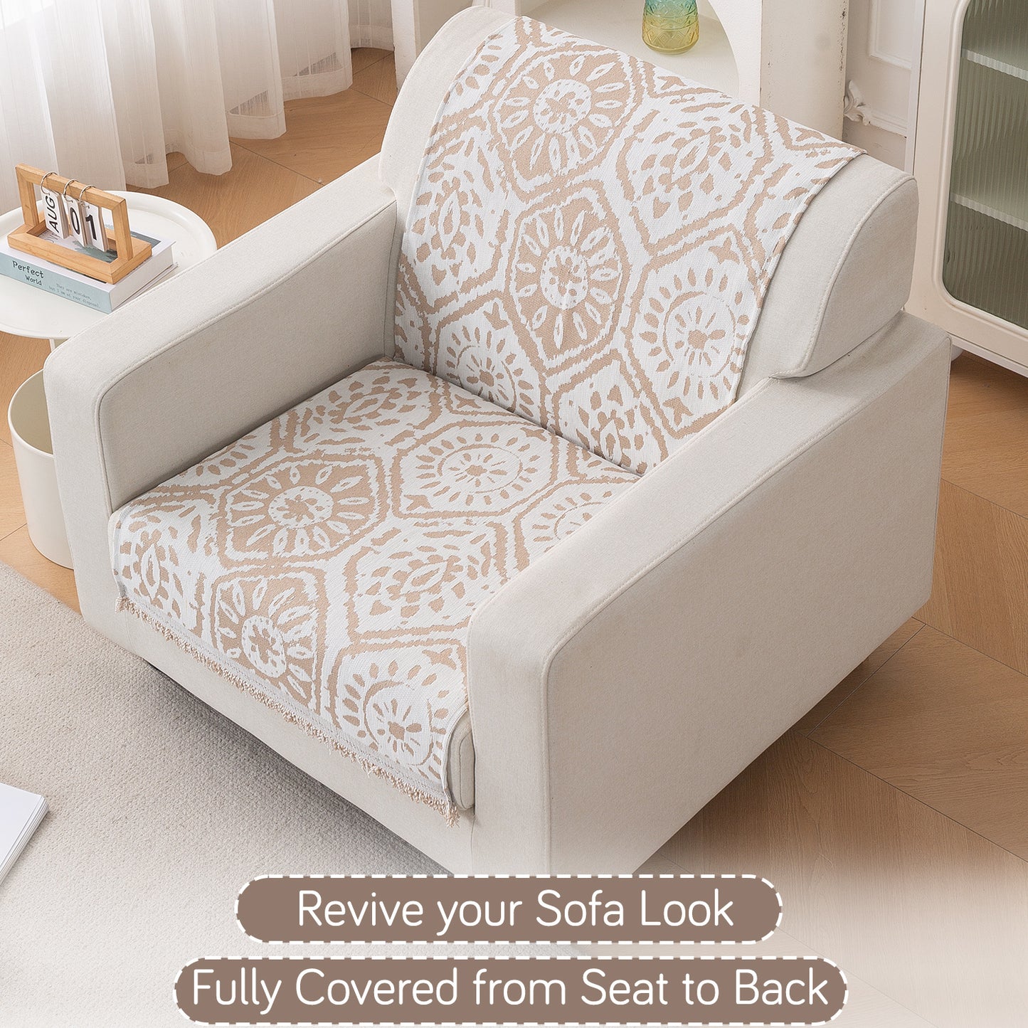 Premium 320 GSM Chenille Sofa Cover 'Serene Abode Series', Boho Floral Tile