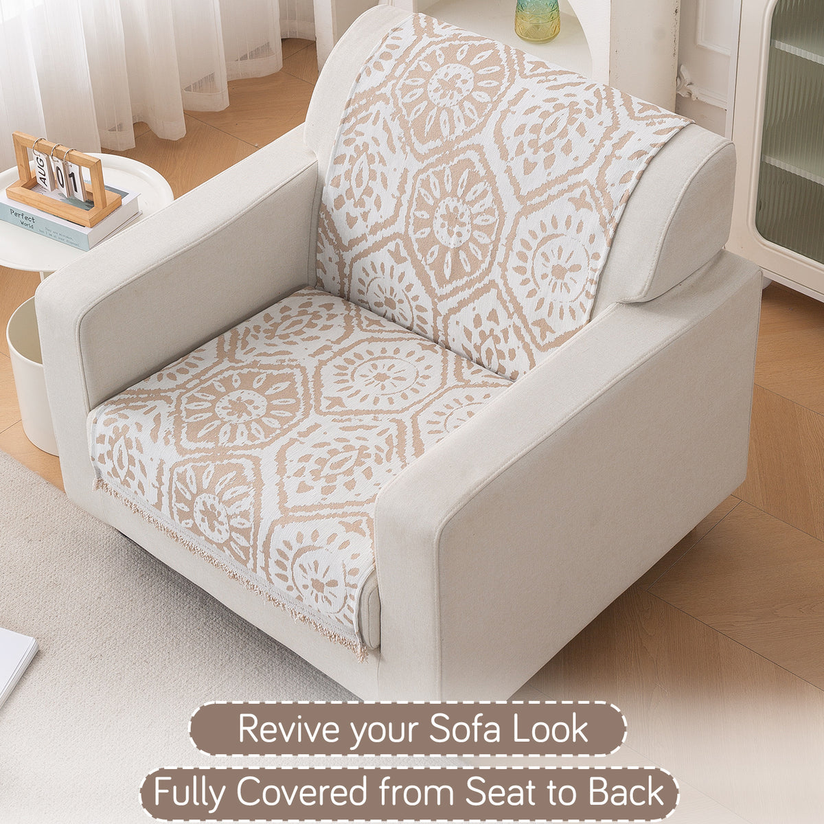 Premium 320 GSM Chenille Sofa Cover 'Serene Abode Series', Boho Floral Tile