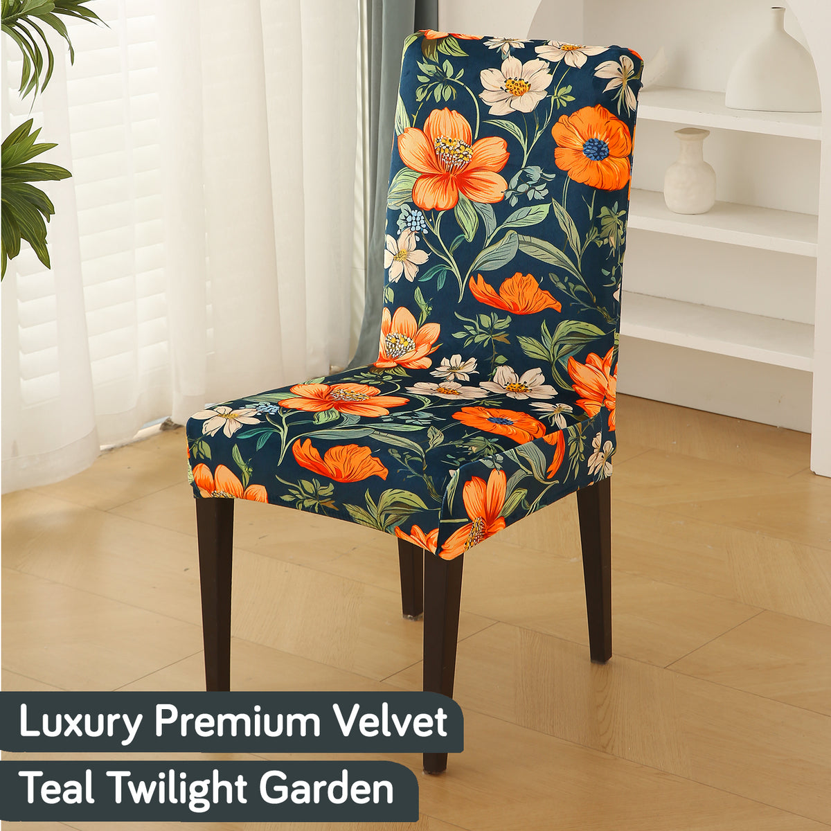 Premium Printed Velvet Dining Chair Cover Set, Teal Twilight Garden