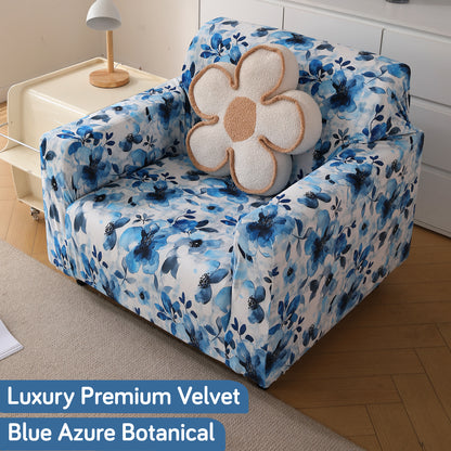 Premium Printed Velvet Sofa Cover 1/2/3 Seaters Fully Covered, Blue Azure Botanical