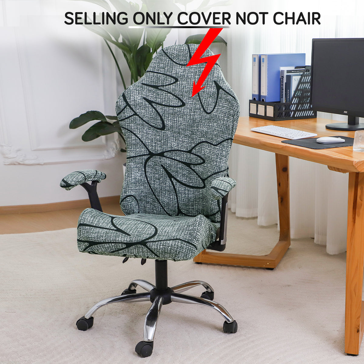 Printed Gaming Chair Seat Cover Elastic Computer Rotating Chair, Intense Grey Abstract Floral