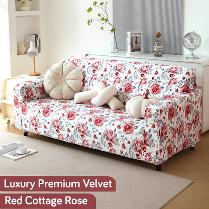 Premium Printed Velvet Sofa Cover 1/2/3 Seaters Fully Covered, Red Cottage Rose