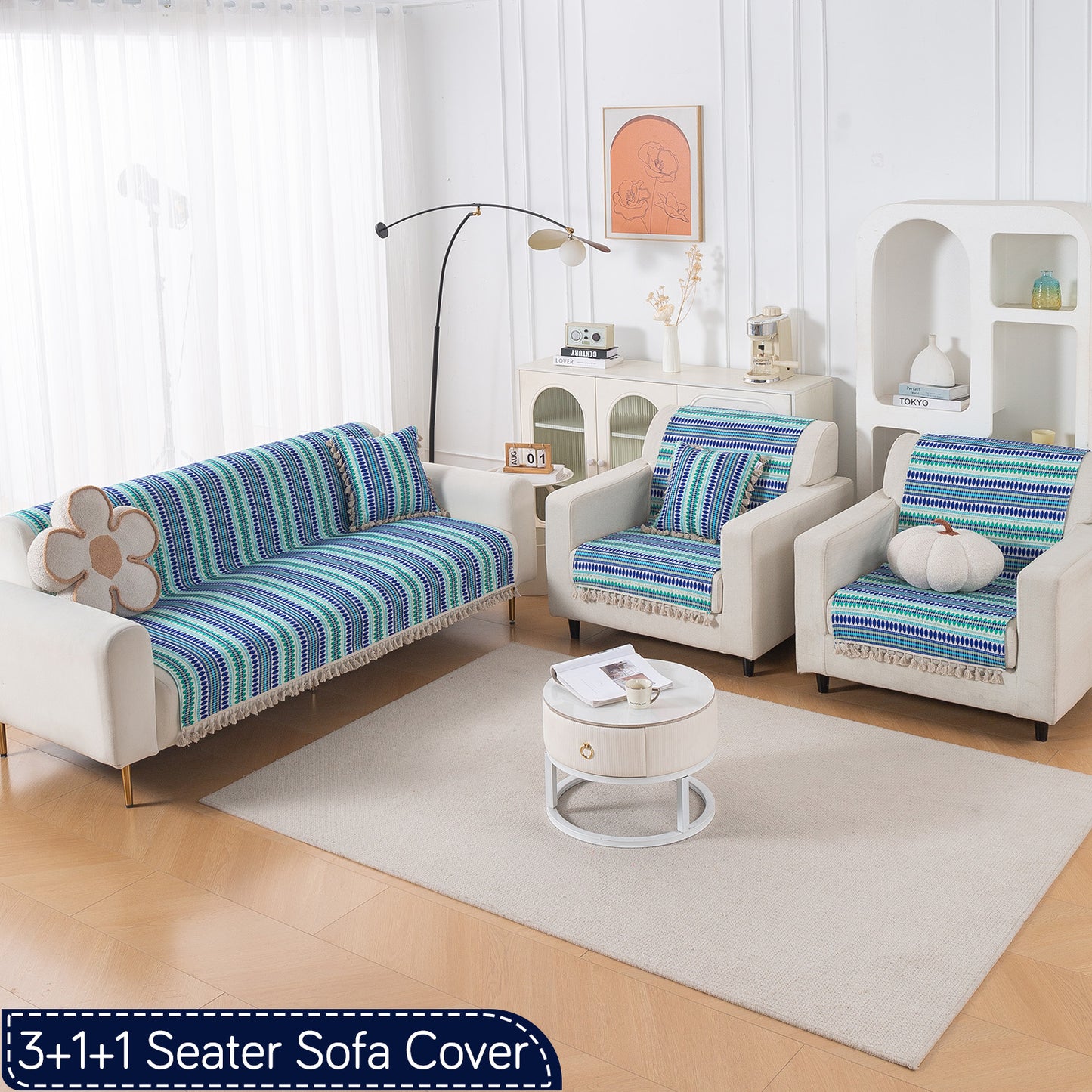 Artisan Boho Series 5-Seater Sofa Cover with Tassels (3+1+1), Royal Blue