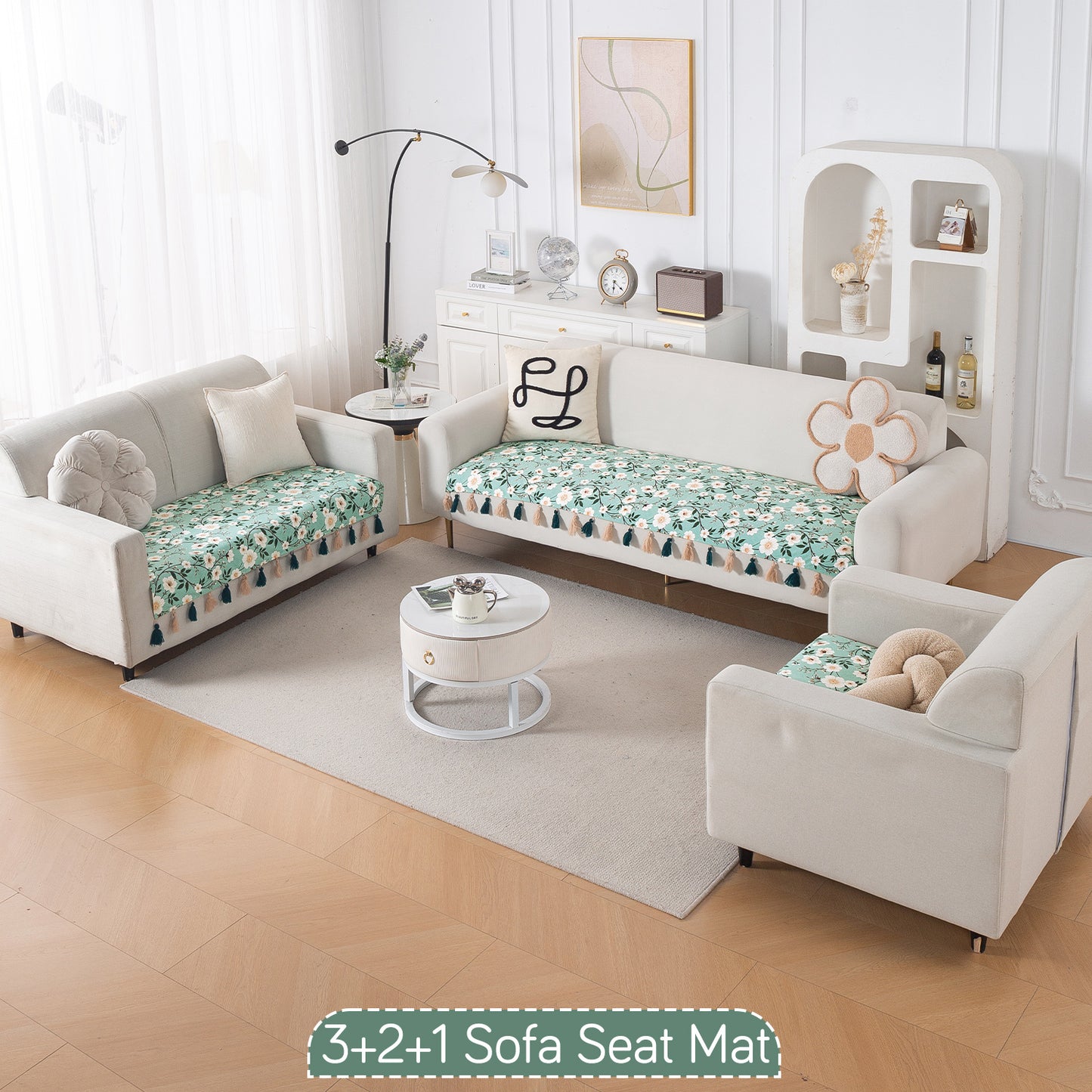 'Whispers of Nature' Series Holland Velvet Sofa Seat Mat with Tassel, Sage Floral Vine