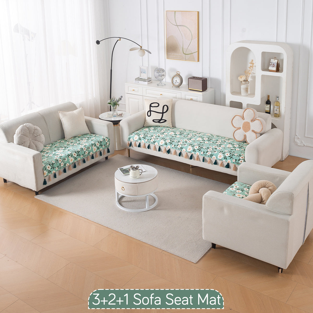 'Whispers of Nature' Series Holland Velvet Sofa Seat Mat with Tassel, Sage Floral Vine