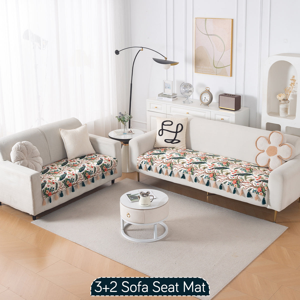 'Whispers of Nature' Series Holland Velvet Sofa Seat Mat with Tassel, Multicolor Tropical Peacock