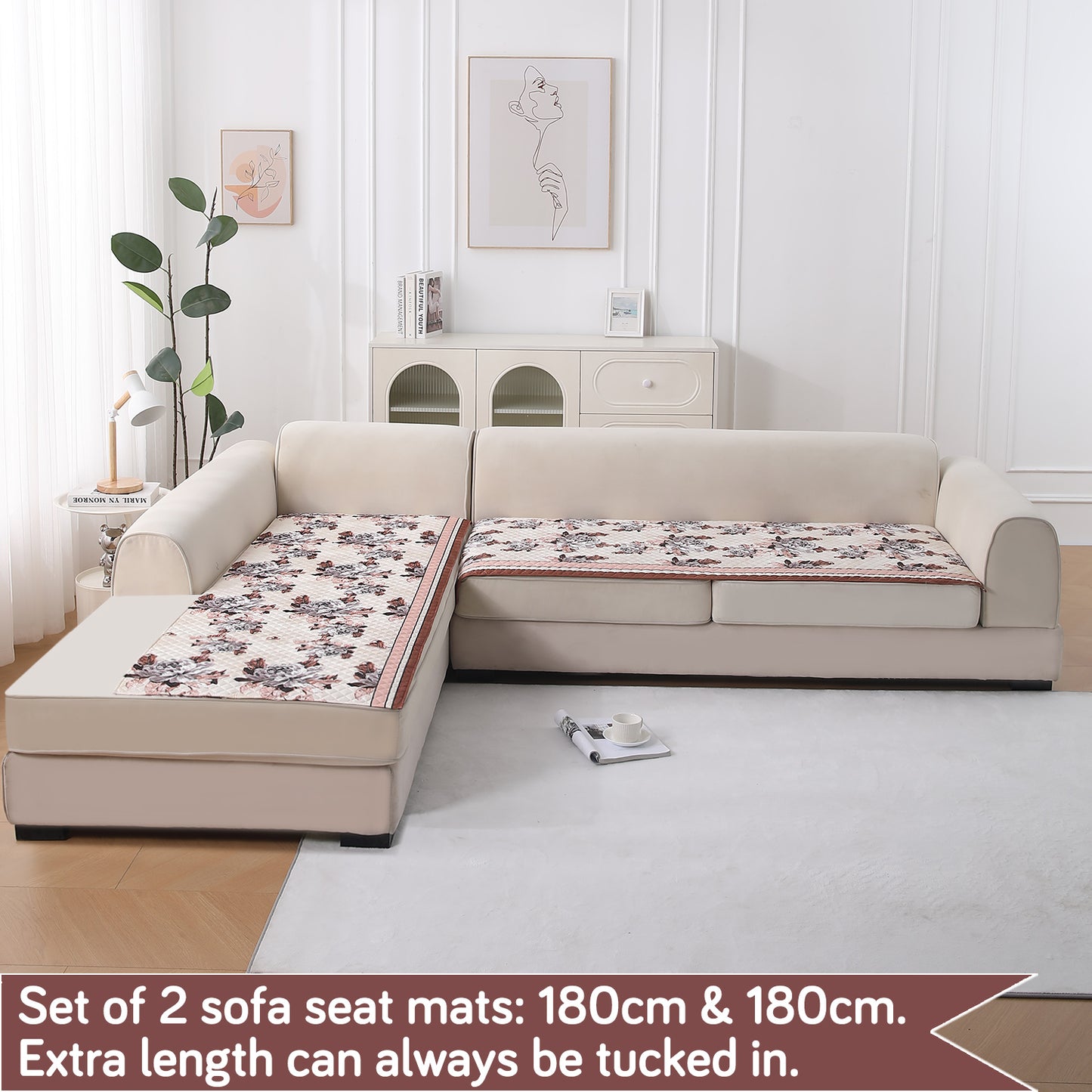 LiefNest Printed Holland Velvet L Shape Sofa Seat Mat with Foam Filling - Chrysanthemum Bloom Soft Beige
