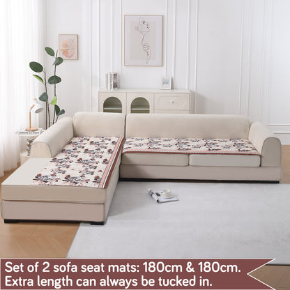 LiefNest Printed Holland Velvet L Shape Sofa Seat Mat with Foam Filling - Chrysanthemum Bloom Soft Beige