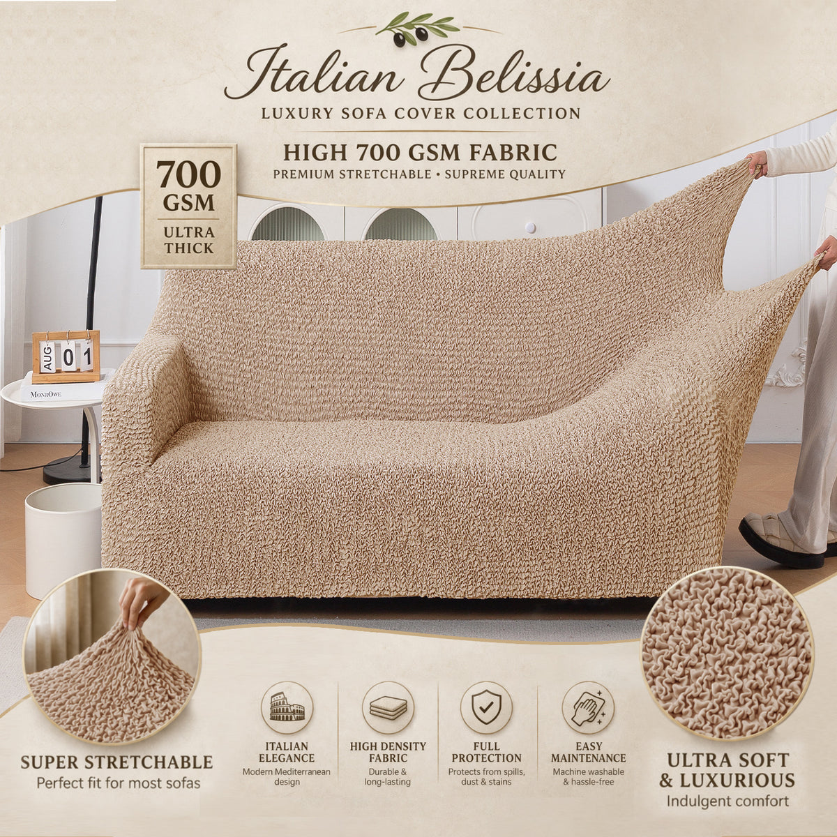 Italian Belissia Luxe Series' Super Stretchable Microfiber 1/2/3 Seater Sofa Cover, Latte Beige