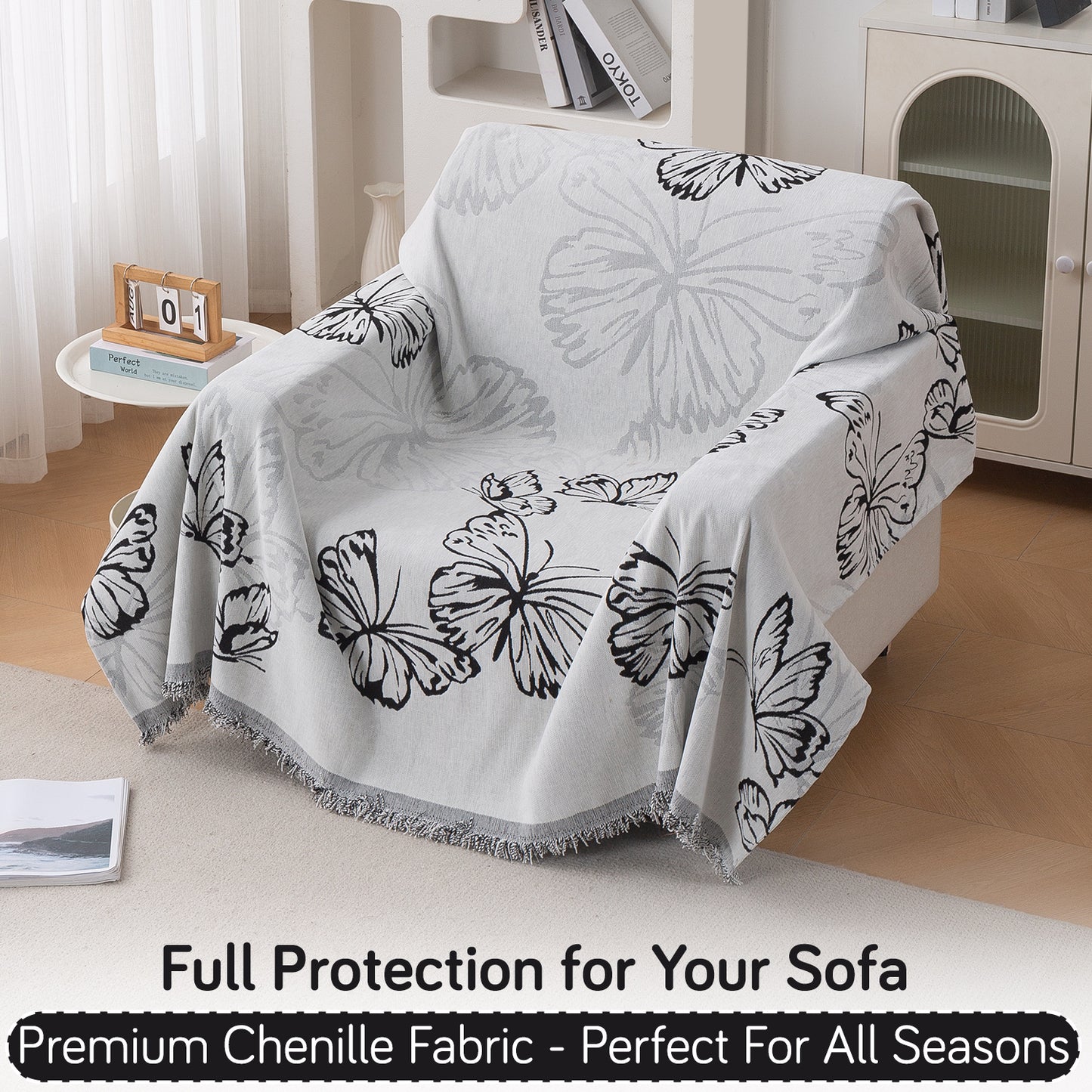 Premium 320 GSM Chenille Sofa Cover Throw All Season 'Serene Abode Series', Monochrome Butterfly