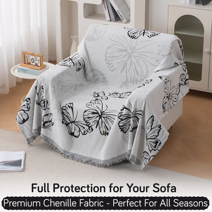 Premium 320 GSM Chenille Sofa Cover Throw All Season 'Serene Abode Series', Monochrome Butterfly