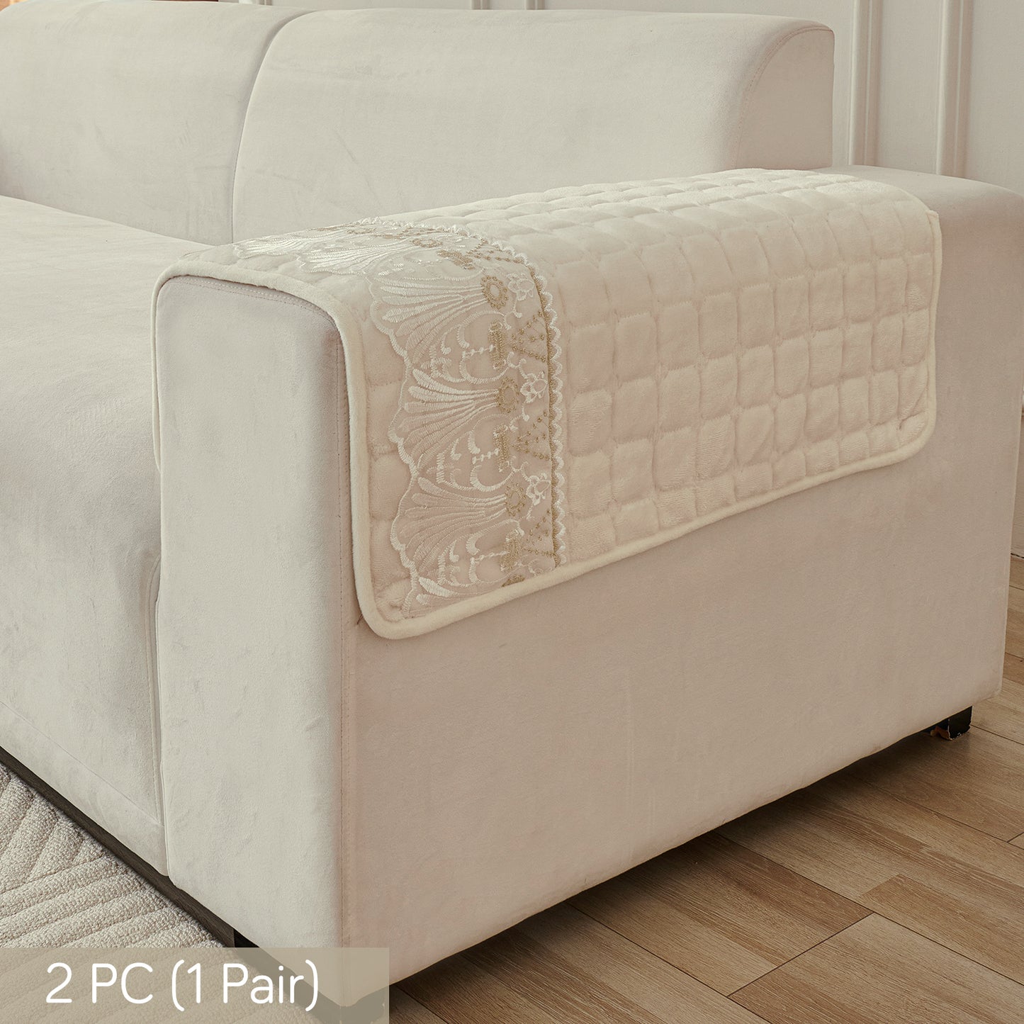 BelleLace Series Imperial Milk Velvet Sofa Cover Mat with Lace Design - Pearl White