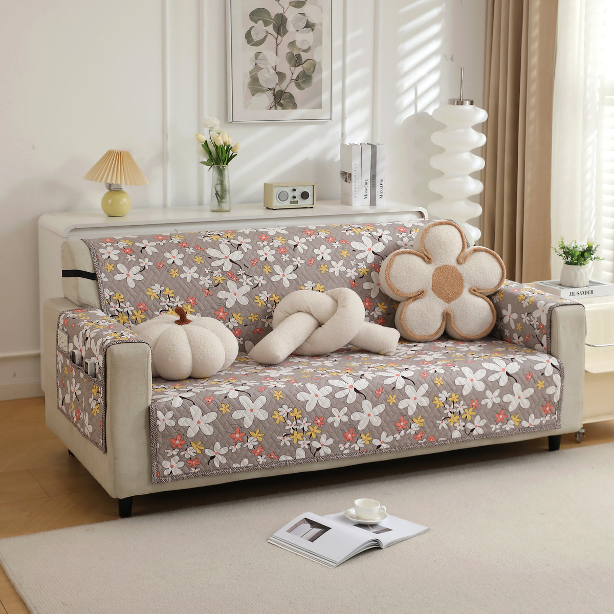 3 seater Pastel Brown Sandwort Flower Printed quilted sofa ke cover