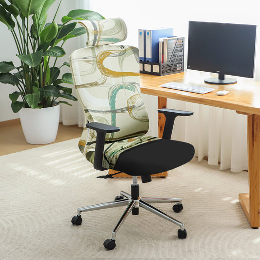 Printed Office Chair Cover with Headrest (High-Back) – 140 GSM Stretch Fabric – Washable, Anti-Slip Fit for Ergonomic Mesh Office Chairs, Parchement Beige Abstract Art