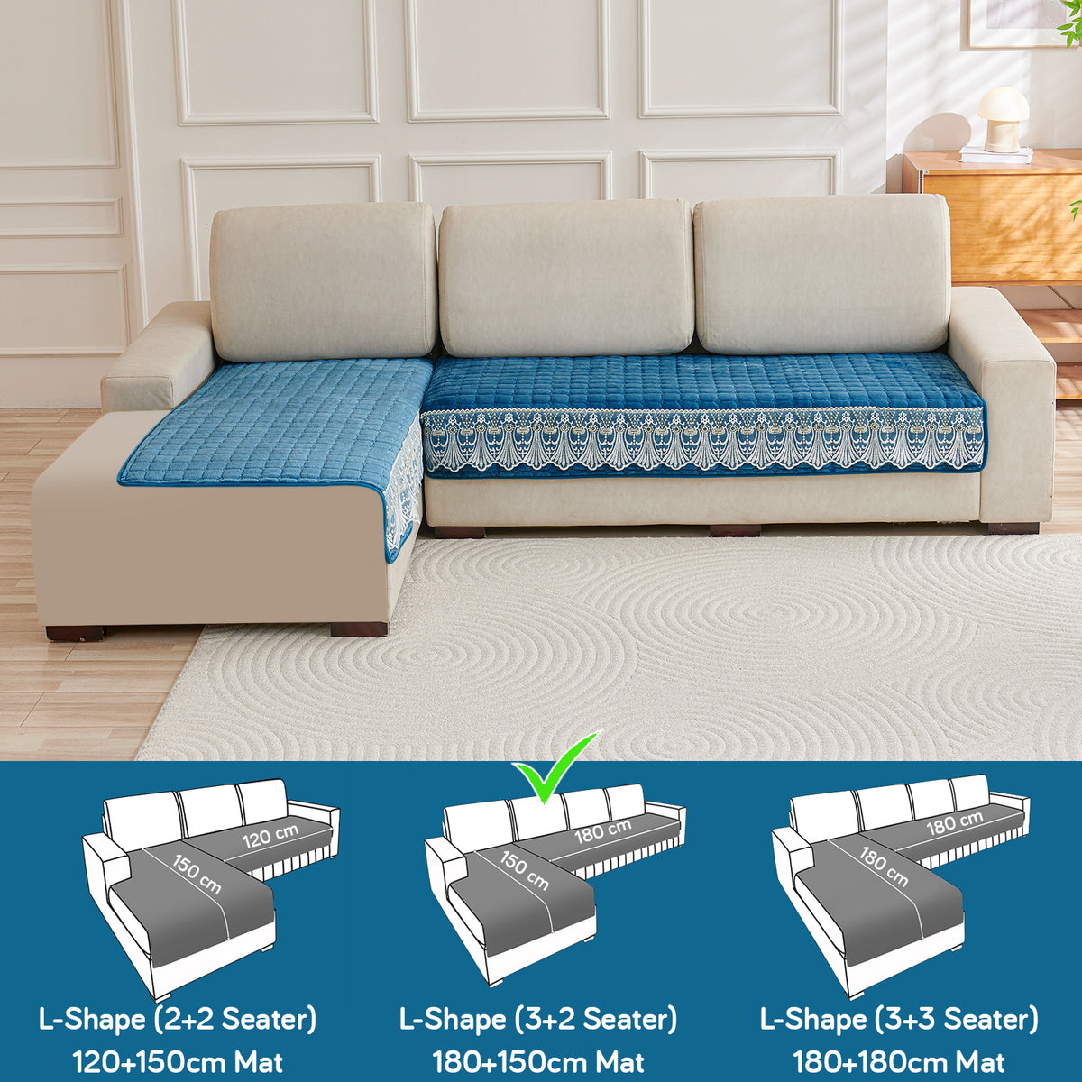 BelleLace Series Imperial Milk Velvet L Shape Sofa Cover Mat with Lace Design - Celdaon Blue
