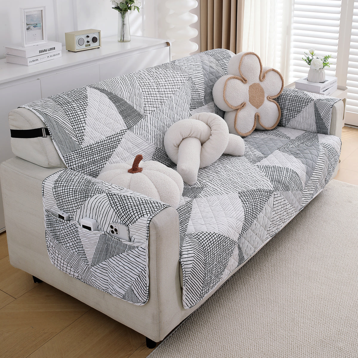 Waterproof & Quick-Dry Quilted Sofa Cover with Pockets on Armrest, Snow White Black Geometry