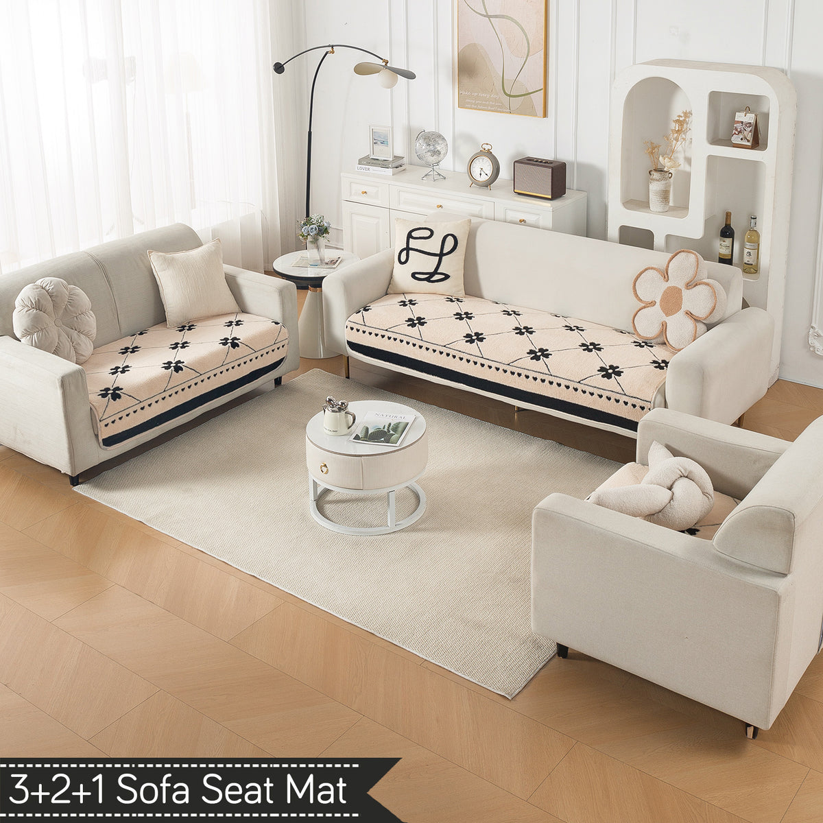 Luxury Plush Sherpa Anti Slip Combination Sofa Mat, 'Noirea Series'|Floral Lattice