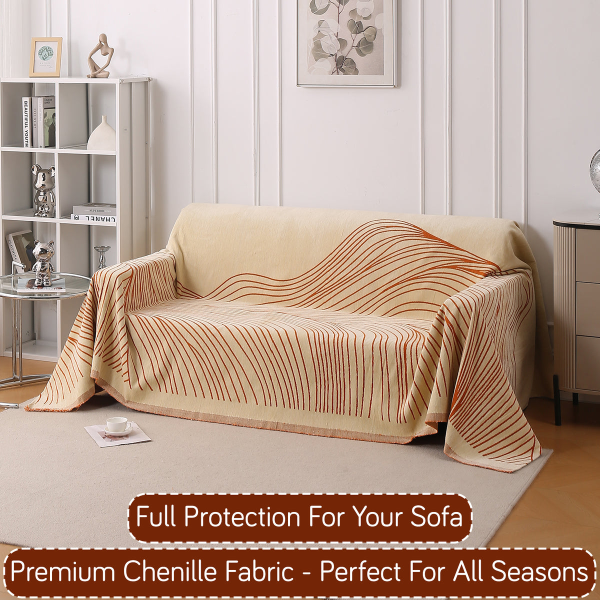 Buy Orange Colour WaveLoom Chenille Three Seater Sofa Throw | HOKIPO