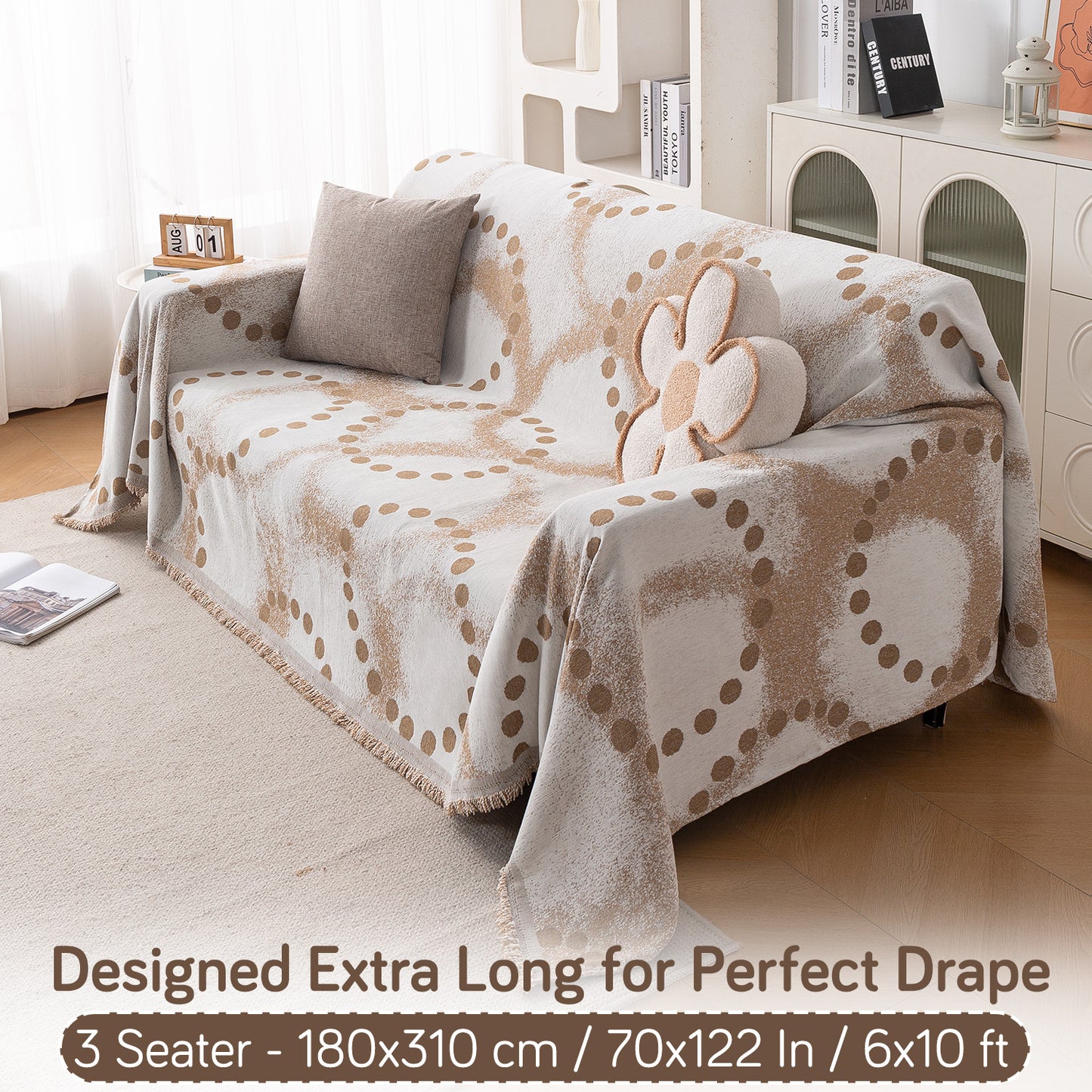 HOKIPO Premium 320 GSM Chenille Sofa Cover All Season 'Serene Abode Series', Latte Dotted Wave