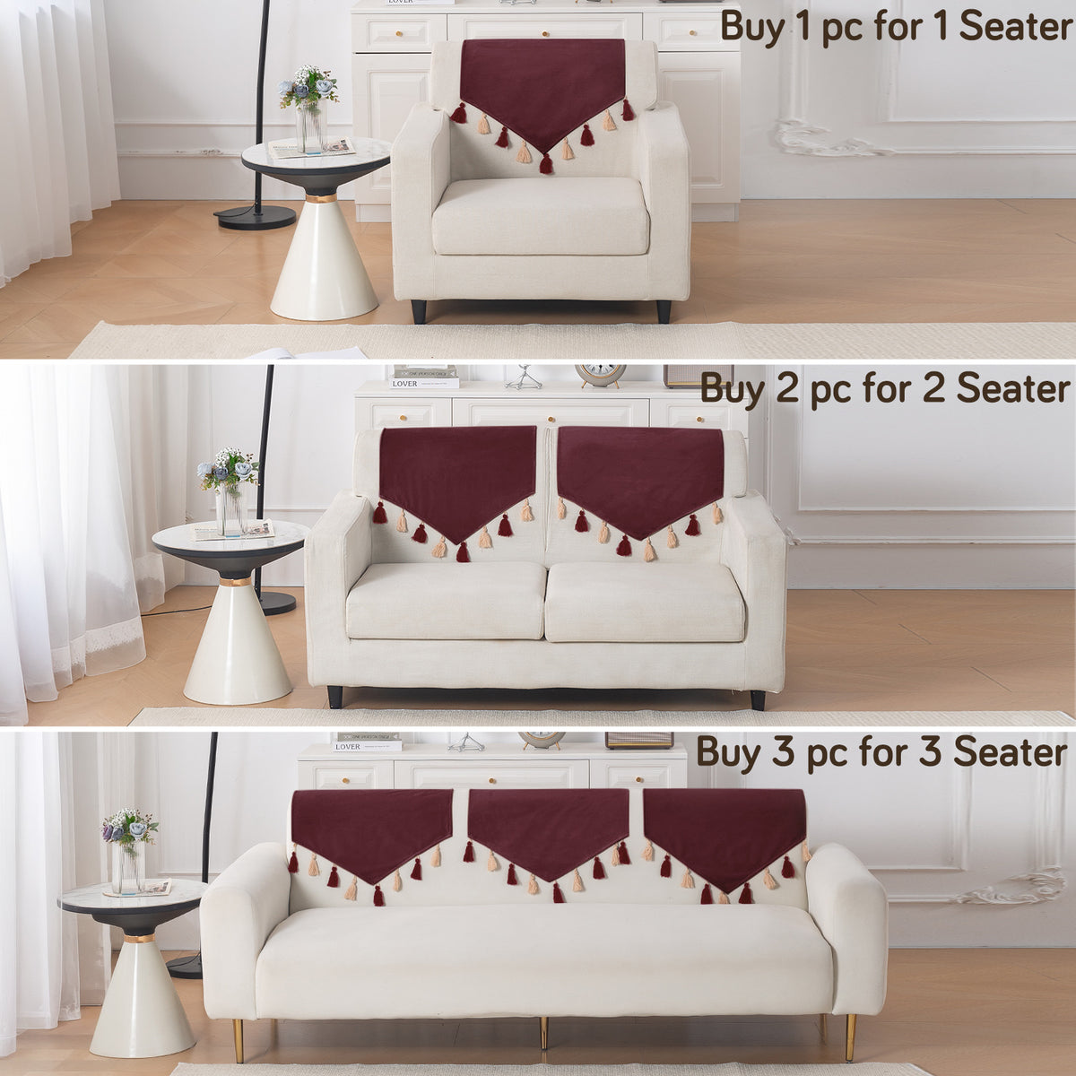 Tassel Tone Holland Velvet Sofa Cover Mat, Wine Red