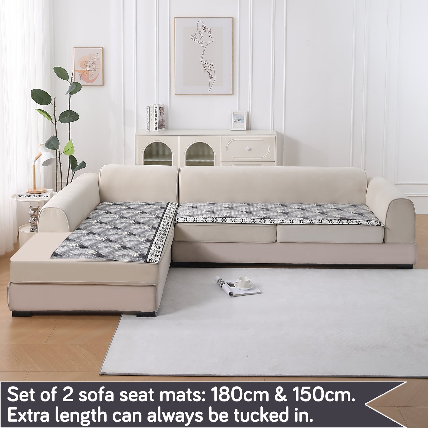 LiefNest Printed Holland Velvet L Shape Sofa Seat Mat with Foam Filling - Snowflakes Gradient Grey