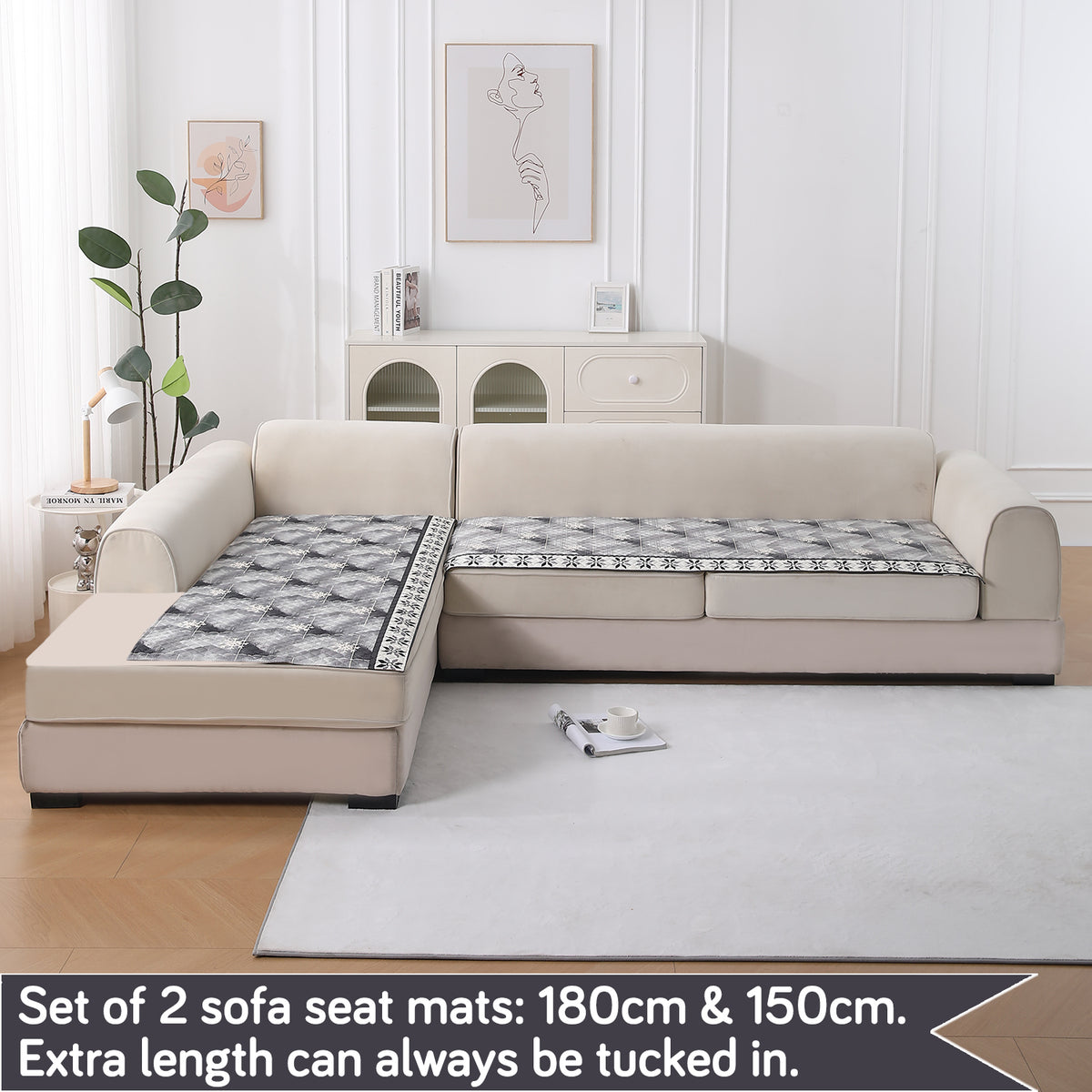 LiefNest Printed Holland Velvet L Shape Sofa Seat Mat with Foam Filling - Snowflakes Gradient Grey
