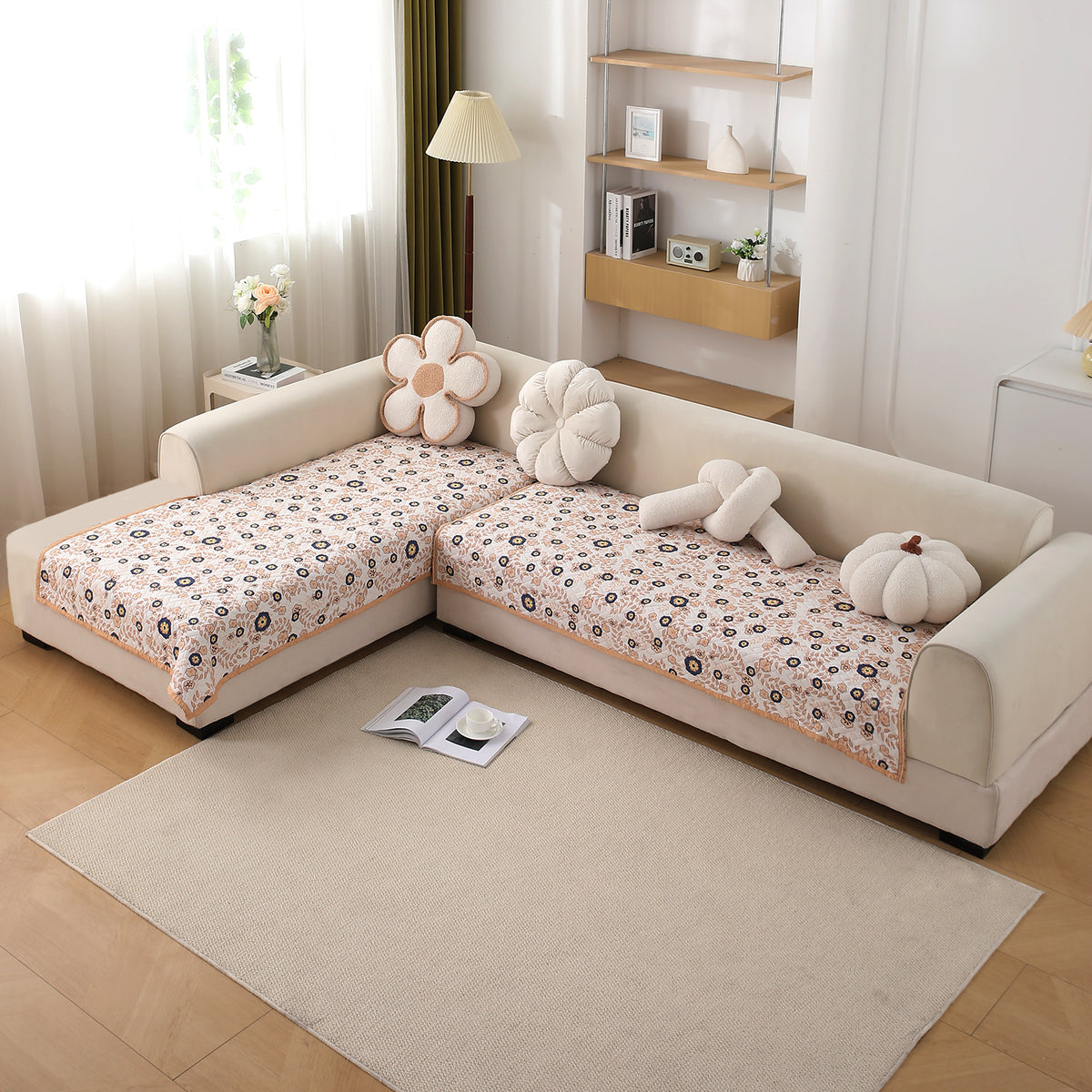 Printed Quilted L Shape Sofa Seat Mat, Light Peach Candytuft